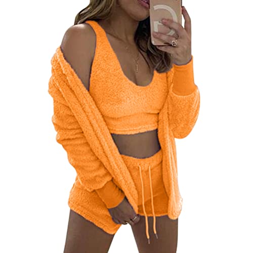 Minetom Winter Frühling Pyjamas Damen Dreiteilig Ensembles De Pyjama Warm Coral Fleece Samt Nachtwäsche Kapuzenpullover Jacke Crop Tank Top Und Shorts A Orange M von Minetom