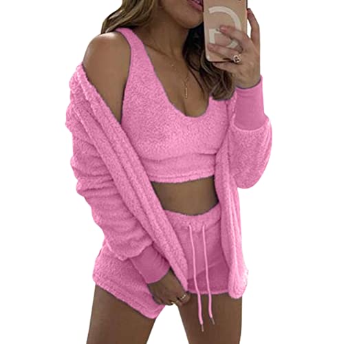 Minetom Winter Frühling Pyjamas Damen Dreiteilig Ensembles De Pyjama Warm Coral Fleece Samt Nachtwäsche Kapuzenpullover Jacke Crop Tank Top Und Shorts A Rosa Rot M von Minetom