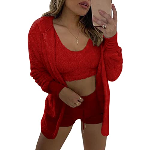 Minetom Winter Frühling Pyjamas Damen Dreiteilig Ensembles De Pyjama Warm Coral Fleece Samt Nachtwäsche Kapuzenpullover Jacke Crop Tank Top Und Shorts A Rot S von Minetom