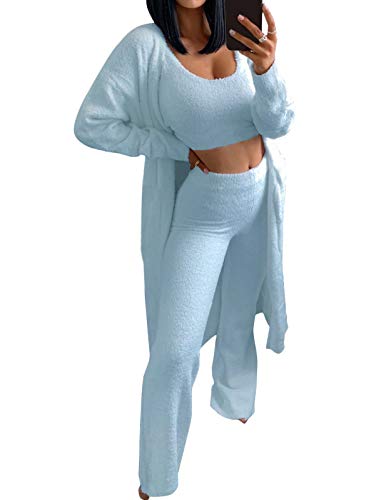 Minetom Winter Frühling Pyjamas Damen Dreiteilig Ensembles de Pyjama Warm Coral Fleece Plüsch Nachtwäsche Kapuzenpullover Mantel Jacke Crop Top und Lange Hosen 3-teiliges C Blau 34 von Minetom