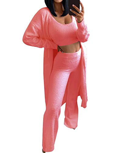 Minetom Winter Frühling Pyjamas Damen Dreiteilig Ensembles de Pyjama Warm Coral Fleece Plüsch Nachtwäsche Kapuzenpullover Mantel Jacke Crop Top und Lange Hosen 3-teiliges C Rosa 36 von Minetom