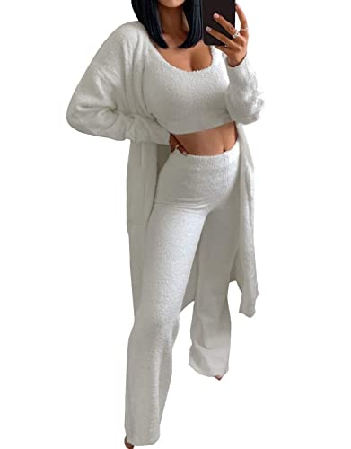 Minetom Winter Frühling Pyjamas Damen Dreiteilig Ensembles de Pyjama Warm Coral Fleece Plüsch Nachtwäsche Kapuzenpullover Mantel Jacke Crop Top und Lange Hosen 3-teiliges C Weiß 40 von Minetom