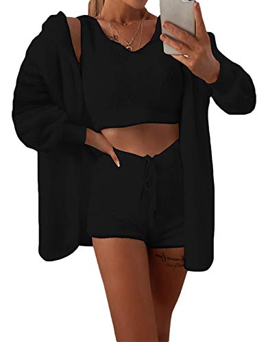 Minetom Winter Frühling Pyjamas Damen Dreiteilig Ensembles de Pyjama Warm Coral Fleece Plüsch Nachtwäsche Kapuzenpullover Mantel Jacke Crop Top und Shorts 3-teiliges B Schwarz 40 von Minetom