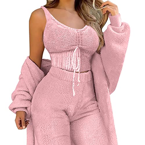 Minetom Winter Frühling Pyjamas Damen Mädchen Dreiteilig Ensembles De Pyjama Warm Coral Fleece Samt Nachtwäsche Kapuzenjacke Crop Tank Top Und Shorts Hoher Oder Hoher Taille Hose C Rosa M von Minetom