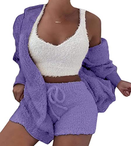 Minetom Winter Frühling Pyjamas Damen Dreiteilig Ensembles de Pyjama Warm Coral Fleece Samt Nachtwäsche Kapuzenpullover Jacke Crop Tank Top und Shorts Dunkelviolett 42 von Minetom