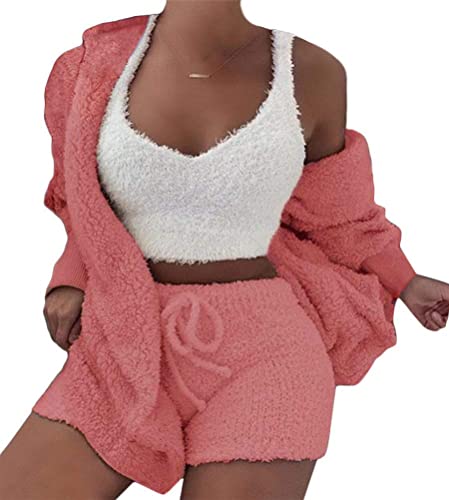 Minetom Winter Frühling Pyjamas Damen Mädchen Dreiteilig Ensembles de Pyjama Warm Coral Fleece Samt Nachtwäsche Kapuzenpullover Jacke Crop Tank Top und Shorts Orange 34 von Minetom