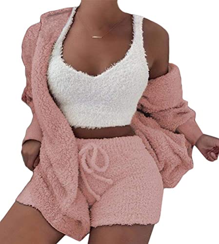 Minetom Winter Frühling Pyjamas Damen Mädchen Dreiteilig Ensembles de Pyjama Warm Coral Fleece Samt Nachtwäsche Kapuzenpullover Jacke Crop Tank Top und Shorts Rosa 38 von Minetom