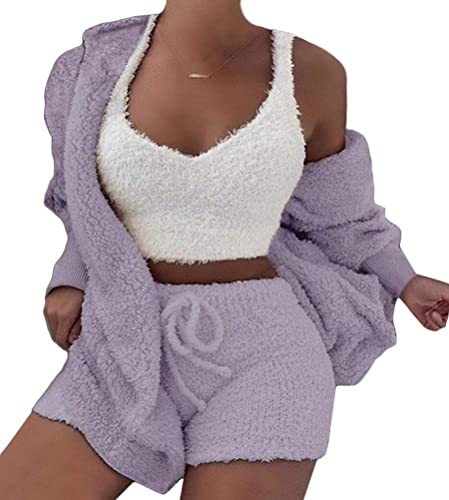 Minetom Winter Frühling Pyjamas Damen Mädchen Dreiteilig Ensembles de Pyjama Warm Coral Fleece Samt Nachtwäsche Kapuzenpullover Jacke Crop Tank Top und Shorts Violett 34 von Minetom