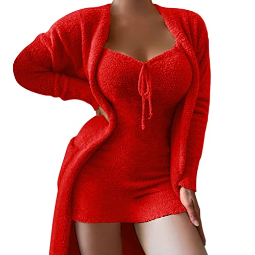 Minetom Winter Frühling Pyjamas Damen Mädchen Zweiteiliges Ensembles De Pyjama Warm Coral Fleece Samt Nachtwäsche Kapuzenpullover Jacke Crop Tank Top Und Nachthemd D Rot L von Minetom