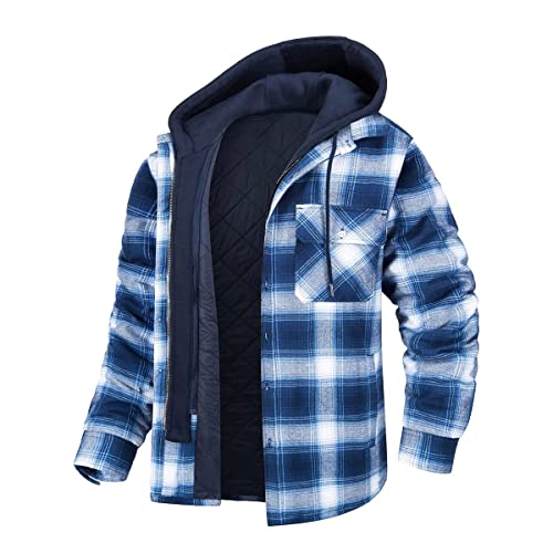 Minetom Winter Gefüttert Winterjacke Kapuzenjacke Herren Kariert Holzfäller Jacke Flanell Holzfäller Jacke Kapuze Flanellhemd Herren Reißverschluss A Blau Weiß L von Minetom