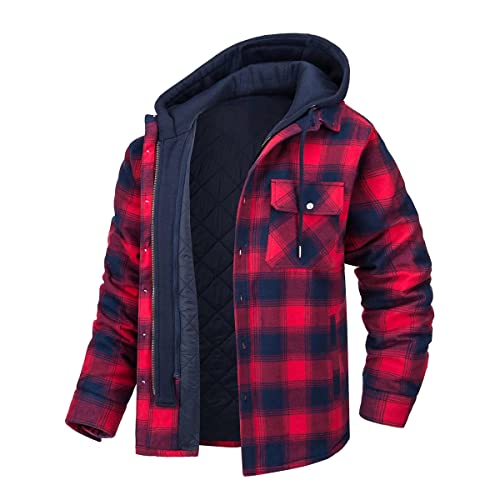 Minetom Winter Gefüttert Winterjacke Kapuzenjacke Herren Kariert Holzfäller Jacke Flanell Holzfäller Jacke Kapuze Flanellhemd Herren Reißverschluss A Rot L von Minetom