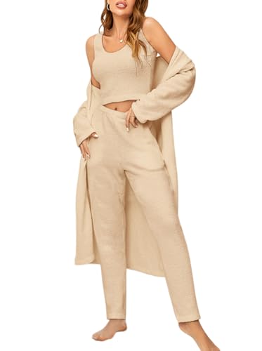 Minetom Winter Pyjamas Damen Schlafanzug Dreiteilig Ensembles de Pyjama Set Warm Fleece Plüsch Nachtwäsche Cardigan Mantel und Crop Top und Hose 3-teiliges A Khaki XL von Minetom