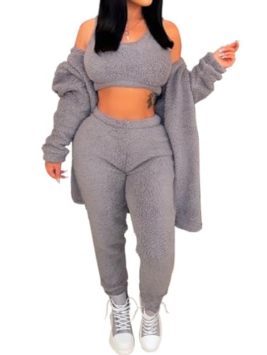 Minetom Winter Pyjamas Damen Schlafanzug Dreiteilig Ensembles de Pyjama Set Warm Fleece Plüsch Nachtwäsche Cardigan Mantel und Crop Top und Hose 3-teiliges C Grau XXL von Minetom