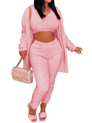 Minetom Winter Pyjamas Damen Schlafanzug Dreiteilig Ensembles de Pyjama Set Warm Fleece Plüsch Nachtwäsche Cardigan Mantel und Crop Top und Hose 3-teiliges C Rosa M von Minetom