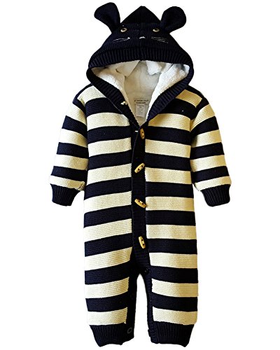 Minetom Winter Süß Streifen Gestrickt Spieler für Baby Mädchen Jungen Warm Unisex Jumpsuit mit Kapuze Dunkelblau 0-2 Monate (50) von Minetom