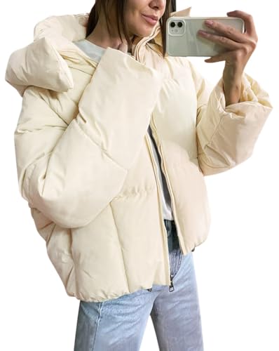 Minetom Winterjacke Damen Steppmantel Wintermantel mit Kapuze Frauen Casual Herbst Winter Langarm Warm Jacke Mantel Parka Outdoorjacke Steppjacke Steppmantel C Beige L von Minetom
