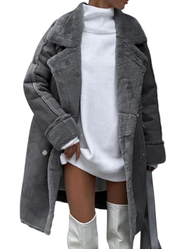Minetom Winterjacke Damen Teddy Fleece Mantel Oversized Jacke Lang Flauschige Warme Slouchy Fleecejacke Mit Taschen Wintermantel A Grau L von Minetom