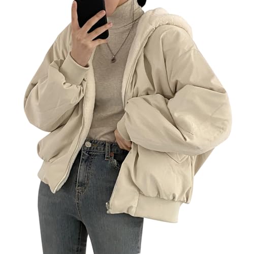 Minetom Winterjacke Damen Wintermantel Casual Langarm Parka mit Kapuze Warm Fleece Gefütterter Wendemantel Mantel Jacke Outdoorjacke A Beige L von Minetom