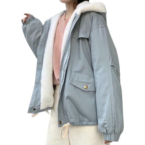Minetom Winterjacke Damen Wintermantel Casual Langarm Parka mit Kapuze Warm Fleece Gefütterter Wendemantel Mantel Jacke Outdoorjacke E Blau M von Minetom