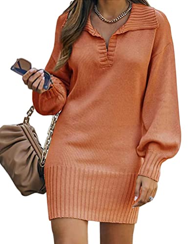 Minetom Winterkleid Damen V-Ausschnitt Langarm Festlich Kleid Winter Warm Strickkleid Pulloverkleid Kurz Minikleid Wickelkleid Strickkleider Geripptes Kleid A Orange L von Minetom