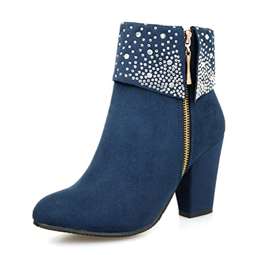 Minetom Winterstiefel Damen Warm Gefüttert Schneestiefel Schuhe Flach Wildleder Strass Stöckelschuhe Kurzschaft Stiefel mit Hohen Absätzen Stiefeletten Blau 40 EU von Minetom