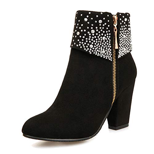 Minetom Winterstiefel Damen Warm Gefüttert Schneestiefel Schuhe Flach Wildleder Strass Stöckelschuhe Kurzschaft Stiefel mit Hohen Absätzen Stiefeletten Schwarz 42 EU von Minetom