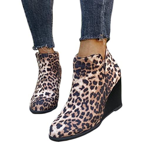 Minetom Winterstiefel Damen Wildleder Stiefeletten Kurze Stiefel Mit Keilabsatz Reißverschluss Winterboots Frauen Ankle Boots Chelsea Boots A Leopard 37 EU von Minetom