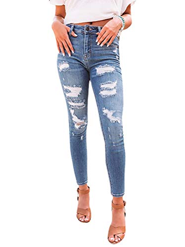 Minetom Zerissene Jeans Damen Jeanshosen Freizeit Schlanke Leggings Gerade Hosen Stretch Skinny Jeans Bootcut Denim Bleistift Hosen mit Löchern H Blau S von Minetom