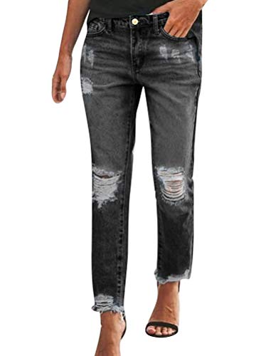 Minetom Zerissene Jeans Damen Niedrige Taille Jeanshosen Freizeit Schlanke Leggings Gerade Hosen Stretch Skinny Jeans Bootcut Denim Bleistift Hosen mit Löchern D Schwarz L von Minetom