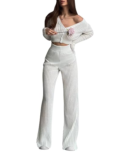 Minetom Zweiteiler Damen 2 Stück Strickanzug Langarm Transparent Oberteil und Hose Set Trainingsanzug Freizeitanzug Sportanzug Loungewear Set A Weiß L von Minetom