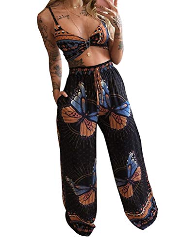 Minetom Zweiteiler Damen Boho Sommer 2 Teiler Crop Top und Hose Yoga Böhmen Schmetterlings Druck Party Outfits 2Pcs Set B Orange 40 von Minetom