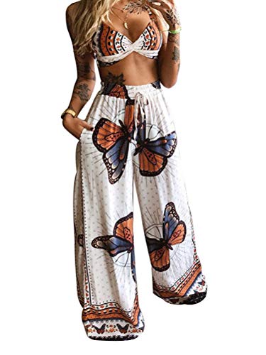 Minetom Zweiteiler Damen Boho Sommer 2 Teiler Crop Top und Hose Yoga Böhmen Schmetterlings Druck Party Outfits 2Pcs Set B Weiß 36 von Minetom