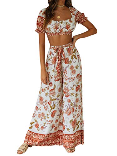 Minetom Zweiteiler Damen Boho Sommer 2 Teiler Crop Top und Hose Yoga Böhmen Schmetterlings Druck Party Outfits 2Pcs Set D Weiß 34 von Minetom