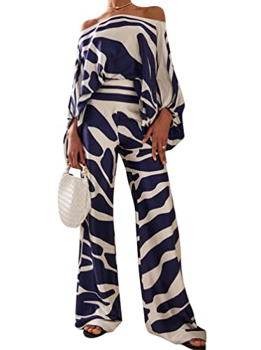 Minetom Zweiteiler Damen Elegant Hosenanzug Schulterfrei Langarmshirt + High Waist Freizeithose Weite Hose Outfit Set Loungewear Streetwear Blau XXL von Minetom