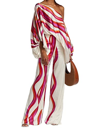 Minetom Zweiteiler Damen Elegant Hosenanzug Schulterfrei Langarmshirt + High Waist Freizeithose Weite Hose Outfit Set Loungewear Streetwear Rose S von Minetom