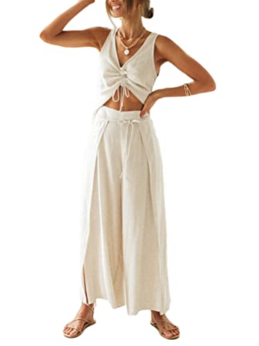 Minetom Zweiteiler Damen Sommer 2 Teiler Ärmellos Crop Top und Hose Yoga Freizeitanzug Party Outfits 2Pcs Set G Beige 42 von Minetom