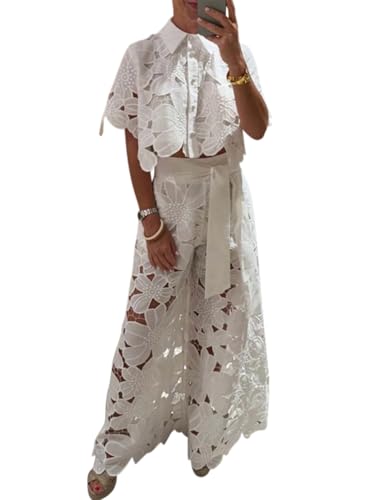 Minetom Zweiteiler Damen Spitze Hosenanzug Bluse Oberteile und High Waist Hose Elegant Einfarbig Outfit Set Party Freizeitanzug A Weiß L von Minetom