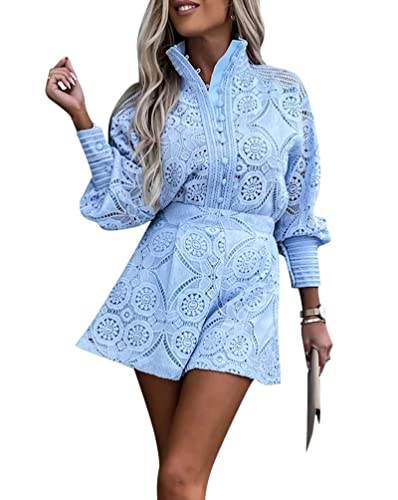 Minetom Zweiteiler Damen Spitze Hosenanzug Oberteile + High Waist Shorts Elegant Einfarbig Kurze Hose Outfit Sets Party Freizeitanzug A Blau L von Minetom