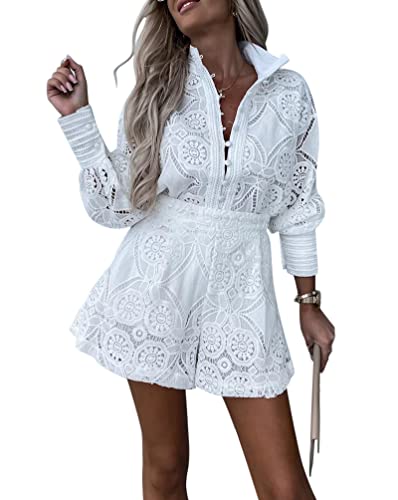 Minetom Zweiteiler Damen Spitze Hosenanzug Oberteile + High Waist Shorts Elegant Einfarbig Kurze Hose Outfit Sets Party Loungewear Freizeitanzug A Weiß M von Minetom