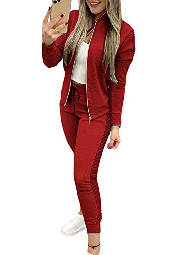 Minetom Zweiteiler Damen Sportanzug Jogginganzug Freizeitanzug Patchwork Trainingsanzug Jacke Zipper Langarm Mantel Kordelzug Hose 2 Stück A Rot 36 von Minetom