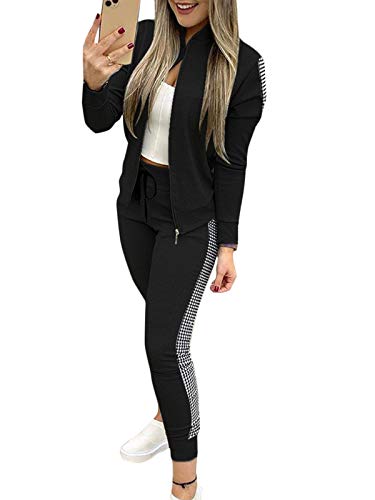 Minetom Zweiteiler Damen Sportanzug Jogginganzug Freizeitanzug Patchwork Trainingsanzug Jacke Zipper Langarm Mantel Kordelzug Hose 2 Stück A Schwarz 34 von Minetom