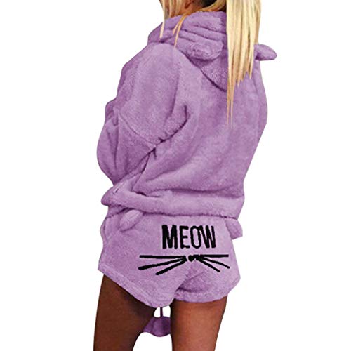 Minetom Herbst Winter Pyjamas Damen Mädchen Zweiteiler Ensembles de Pyjama Warm Coral Fleece Samt Nachtwäsche Süße Katze Weich Kapuzenpullover Hoodies und Shorts Violett DE 34 von Minetom