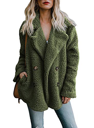 Minetow Damen Mantel Plüschjacke Winterjacke Steppjacke Vorne Öffnen Plüsch Warmen Oversize Boyfriend Outwear Cardigan Lange Ärmel Einfarbig Parka mit Taschen Grün DE 38 von Minetom