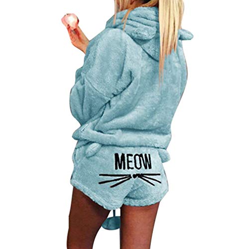 Herbst Winter Pyjamas Minetow Damen Mädchen Zweiteiler Ensembles de Pyjama Warm Coral Fleece Samt Nachtwäsche Süße Katze Weich Kapuzenpullover Hoodies und Shorts Blau DE 44 von Minetom