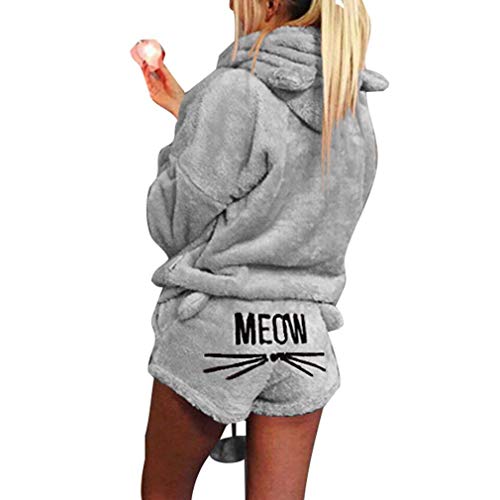 Herbst Winter Pyjamas Minetow Damen Mädchen Zweiteiler Ensembles de Pyjama Warm Coral Fleece Samt Nachtwäsche Süße Katze Weich Kapuzenpullover Hoodies und Shorts Grau DE 34 von Minetom