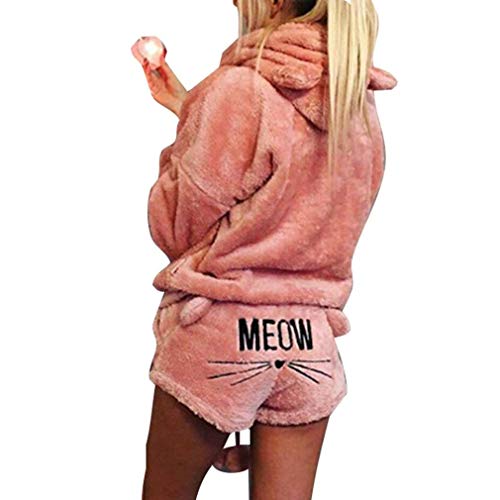 Herbst Winter Pyjamas Minetow Damen Mädchen Zweiteiler Ensembles de Pyjama Warm Coral Fleece Samt Nachtwäsche Süße Katze Weich Kapuzenpullover Hoodies und Shorts Rosa DE 38 von Minetom