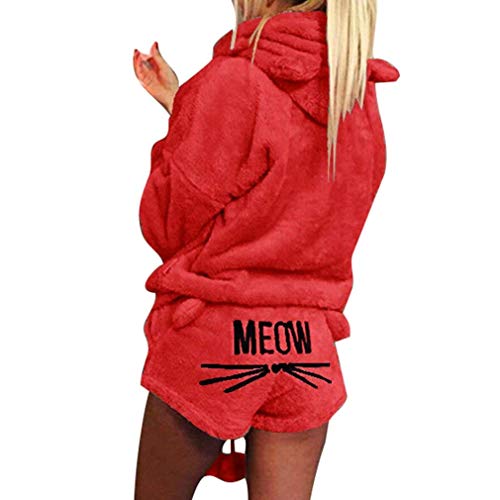 Minetom Herbst Winter Pyjamas Damen Mädchen Zweiteiler Ensembles de Pyjama Warm Coral Fleece Samt Nachtwäsche Süße Katze Weich Kapuzenpullover Hoodies und Shorts Rot DE 38 von Minetom