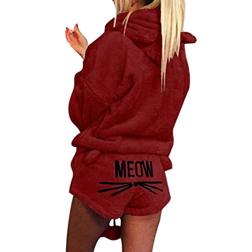 Herbst Winter Pyjamas Minetow Damen Mädchen Zweiteiler Ensembles de Pyjama Warm Coral Fleece Samt Nachtwäsche Süße Katze Weich Kapuzenpullover Hoodies und Shorts Weinrot DE 38 von Minetom