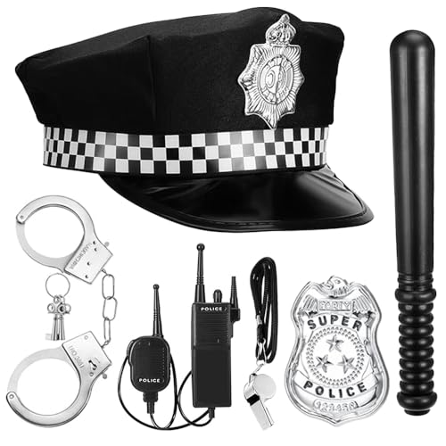 Mineup Polizei Kostüm Zubehör, 7 Stück Polizei Zubehör Set, Polizei Kostüm Kinder Damen Herren, mit Polizeihut Walkie Talkies Handschellen Abzeichen Baton Pfeife für Cosplay Mottoparty Karneval von Mineup
