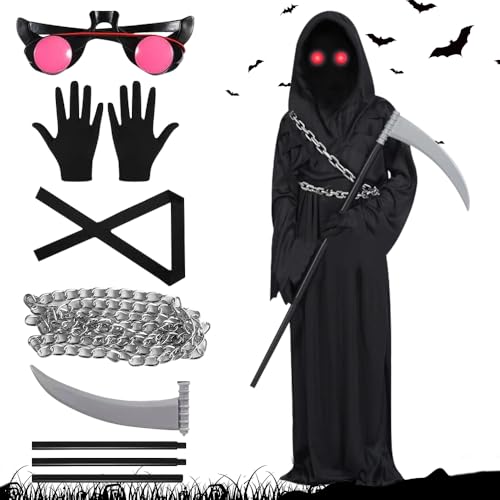 Mineup Sensenmann Kostüm Herren, 7 Pcs Halloween Kostüm Sensenmann, Grim Reaper Kostüm Erwachsene, leuchtenden Augen, Sense, Halloween Kostüm für Cosplay Halloween Party, 170-185cm Mineup Sensenmann Kostüm Herren, 7 Pcs Halloween Kostüm Sensenmann, Grim Reaper Kostüm Erwachsene, leuchtenden Augen, Sense, Halloween Kostüm für Cosplay Halloween Party, 170-185cm von Mineup